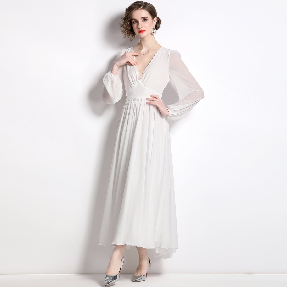 French court vintage style thin white dress long sleeve V-neck long skirt HL8122088