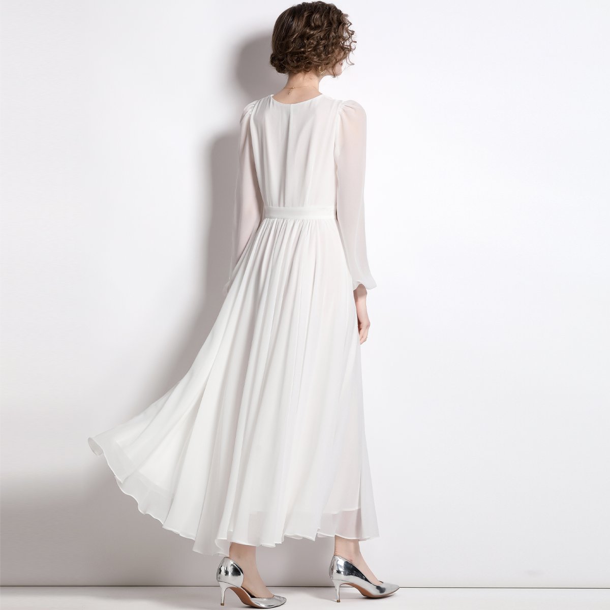 French court vintage style thin white dress long sleeve V-neck long skirt HL8122088