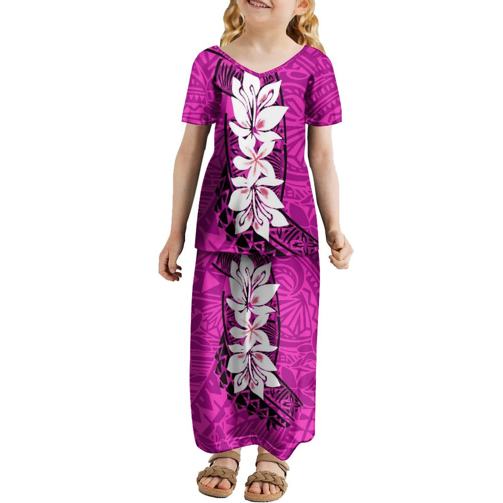 Yellow Pacific Heritage 2-14 Years Fashion V-neck Puletasi Girls Dress Summer Luxury Design Short Sleeve Children's Dress