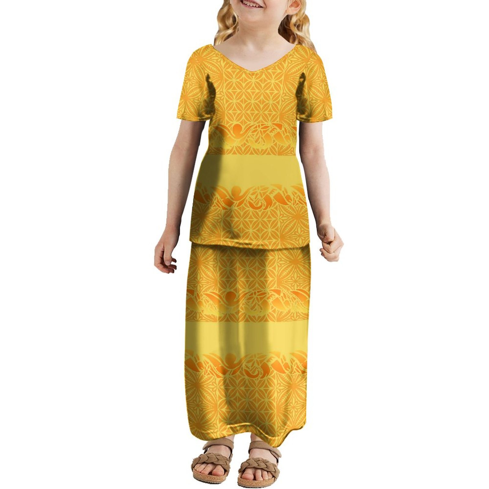 Yellow Pacific Heritage 2-14 Years Fashion V-neck Puletasi Girls Dress Summer Luxury Design Short Sleeve Children's Dress