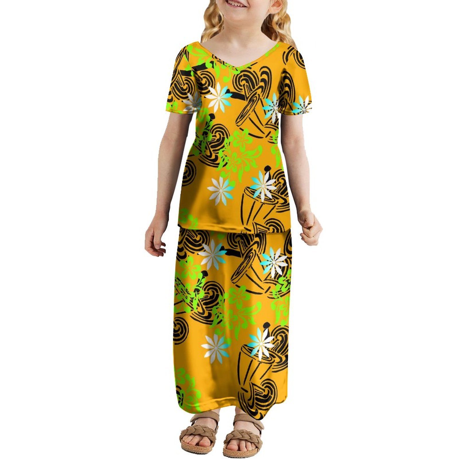 Yellow Pacific Heritage 2-14 Years Fashion V-neck Puletasi Girls Dress Summer Luxury Design Short Sleeve Children's Dress