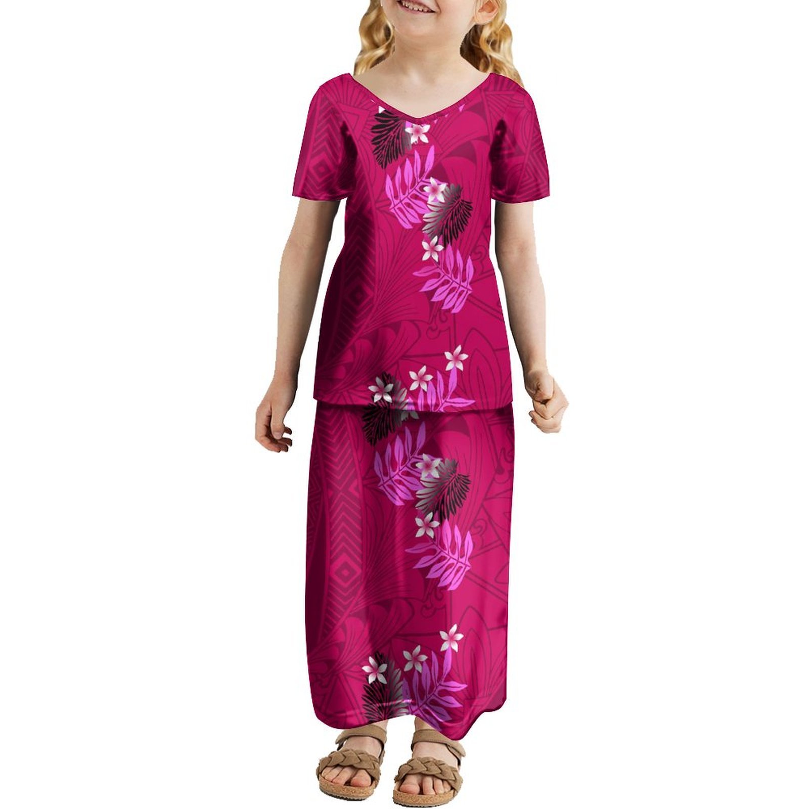 Yellow Pacific Heritage 2-14 Years Fashion V-neck Puletasi Girls Dress Summer Luxury Design Short Sleeve Children's Dress