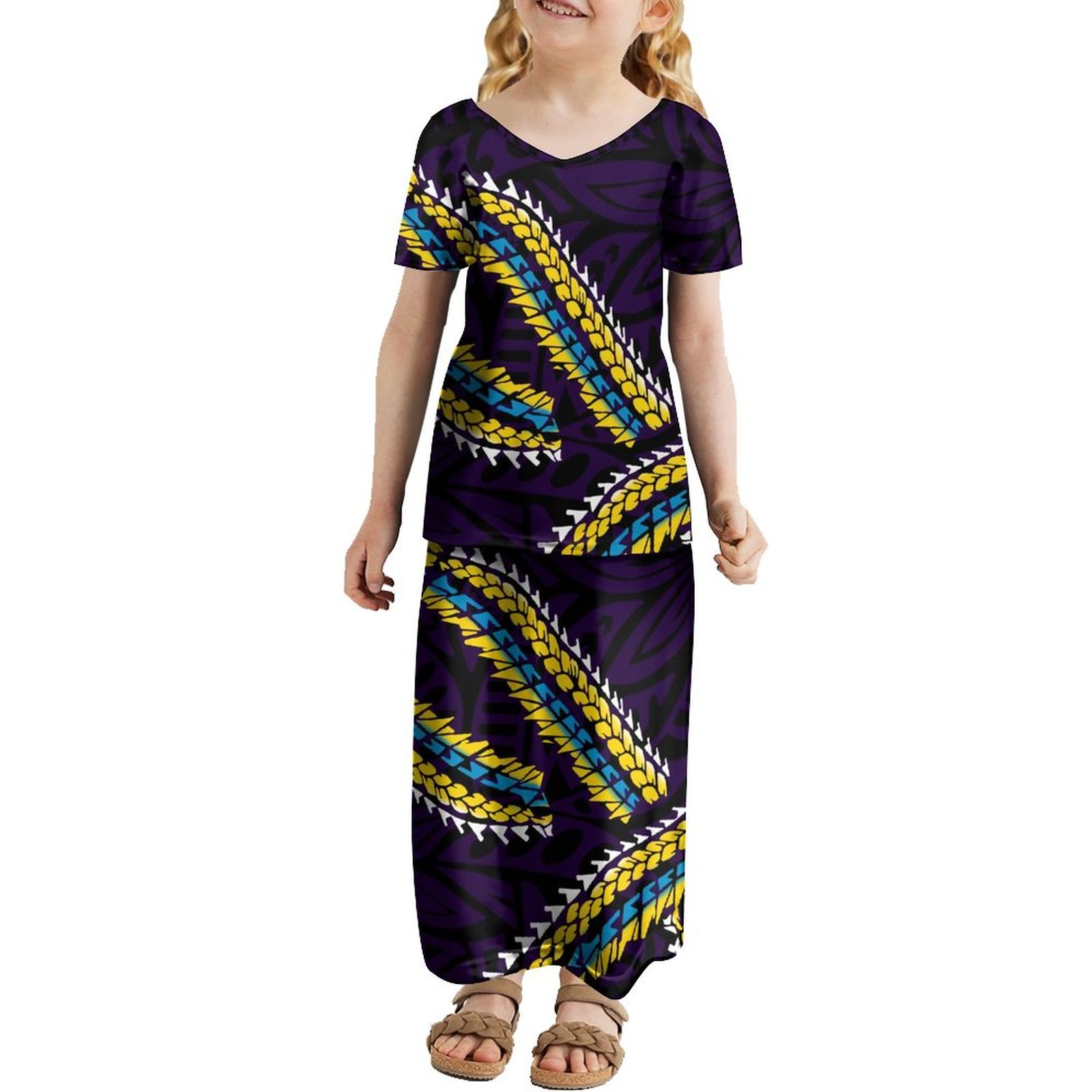 Yellow Pacific Heritage 2-14 Years Fashion V-neck Puletasi Girls Dress Summer Luxury Design Short Sleeve Children's Dress