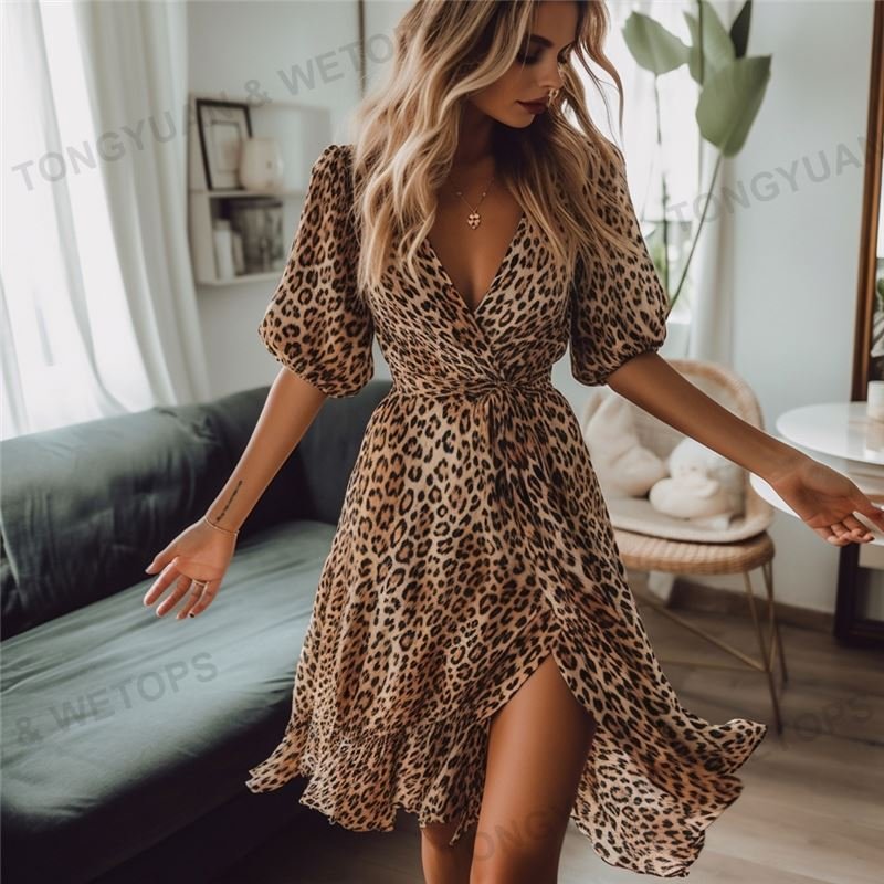 Wholesale Custom Plus Size Dress Women Clothing Summer Fashion Women Deep V-Neck Leopard Casual Lady Dress
