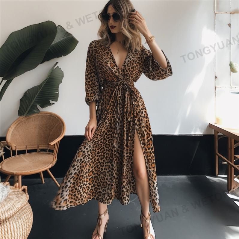 Wholesale Custom Plus Size Dress Women Clothing Summer Fashion Women Deep V-Neck Leopard Casual Lady Dress