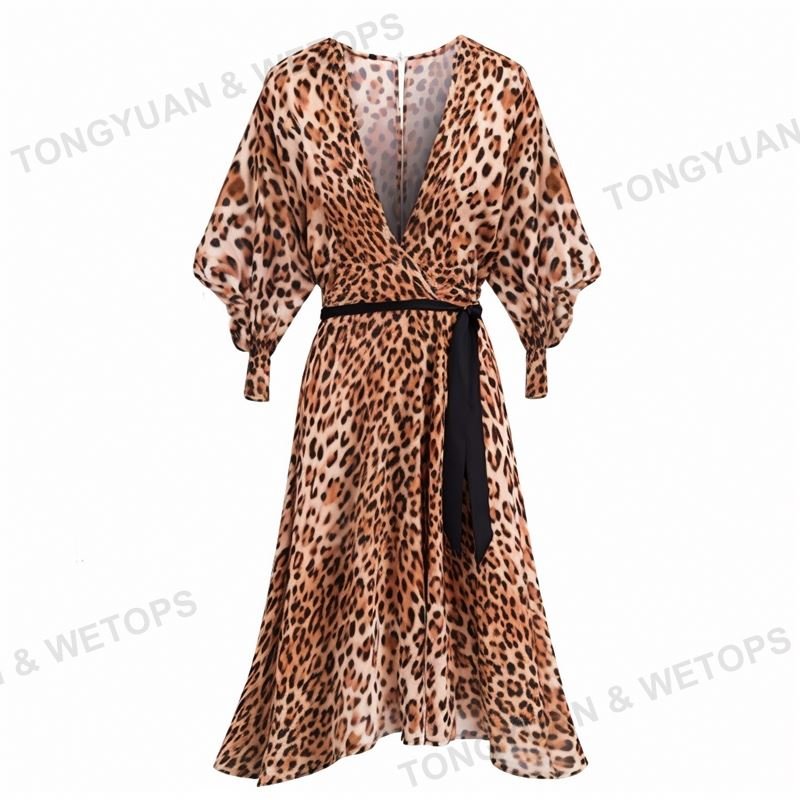 Wholesale Custom Plus Size Dress Women Clothing Summer Fashion Women Deep V-Neck Leopard Casual Lady Dress