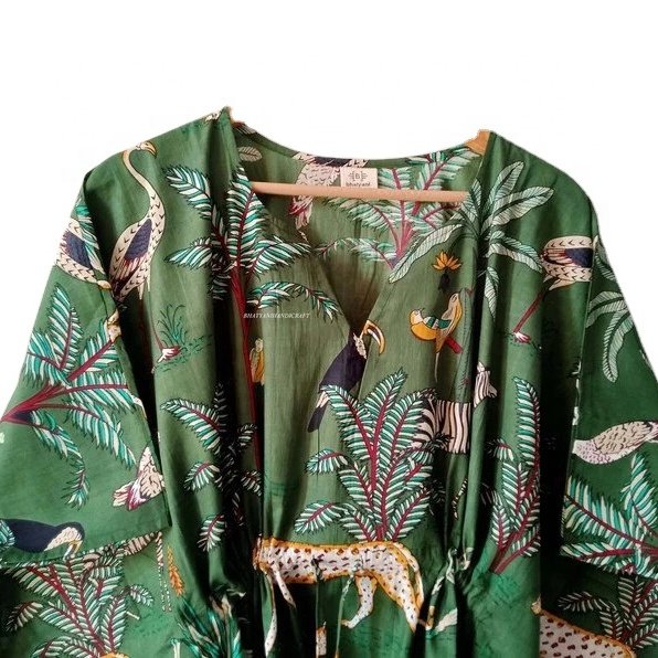 100% Cotton Indian Beautiful Tropical Printed Kaftan Long Women Casual Wear Summer Dress Ethnic Kaftan