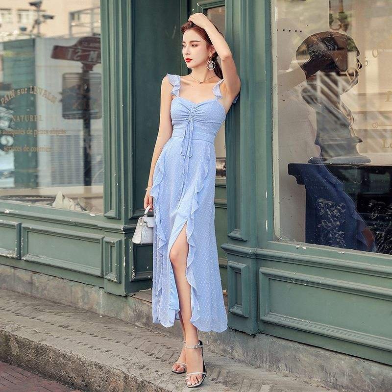 2024 Manufacturers In Stock Casual Korean Elegant Clothes Modest Fashion High-Waisted Sexy Slit Hemline Women's Dresses
