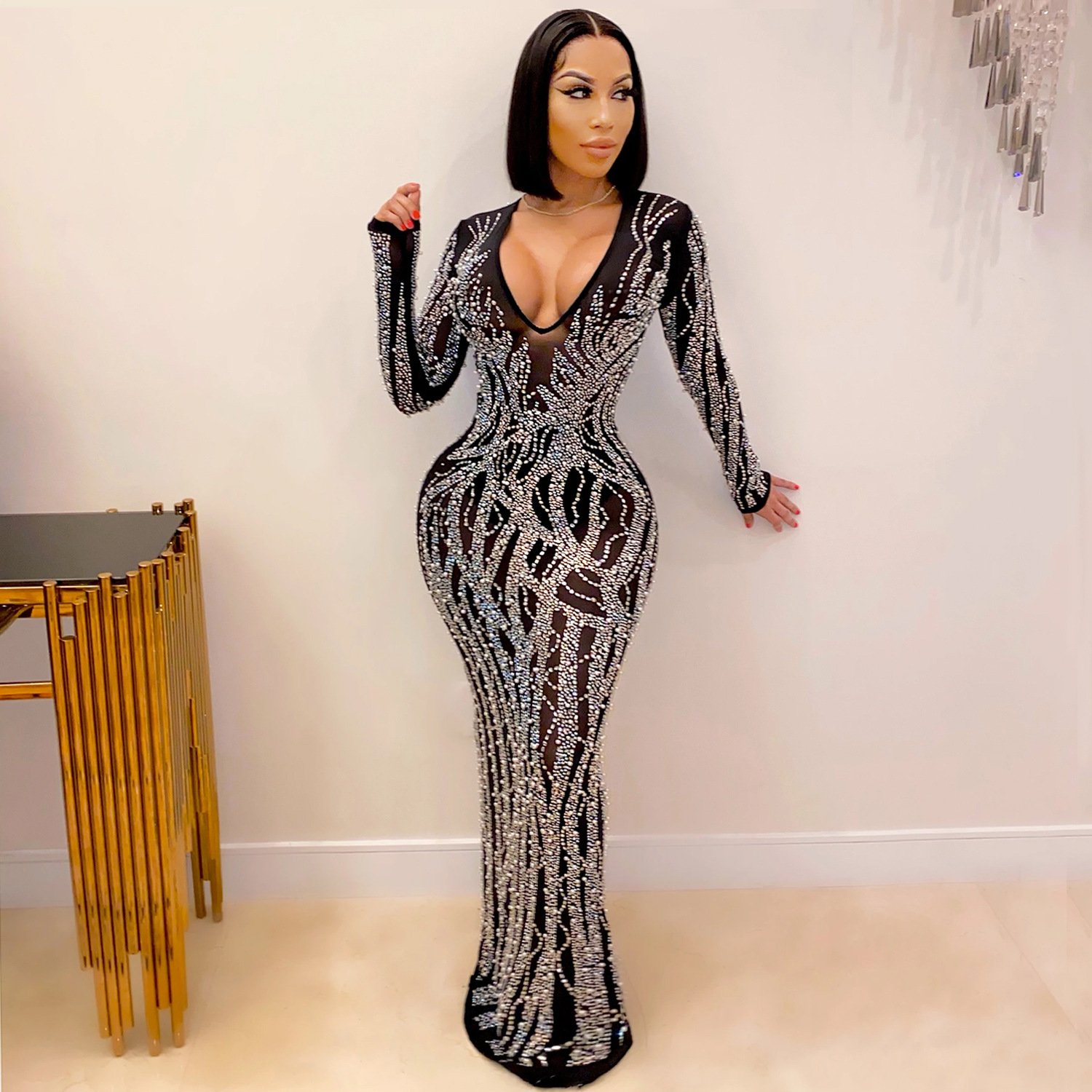 2022 New Design Sexy Hot Diamond Evening Dresses Fashion Sexy V-neck Casual Dress Mesh Shiny Women's Dress Long Skirt