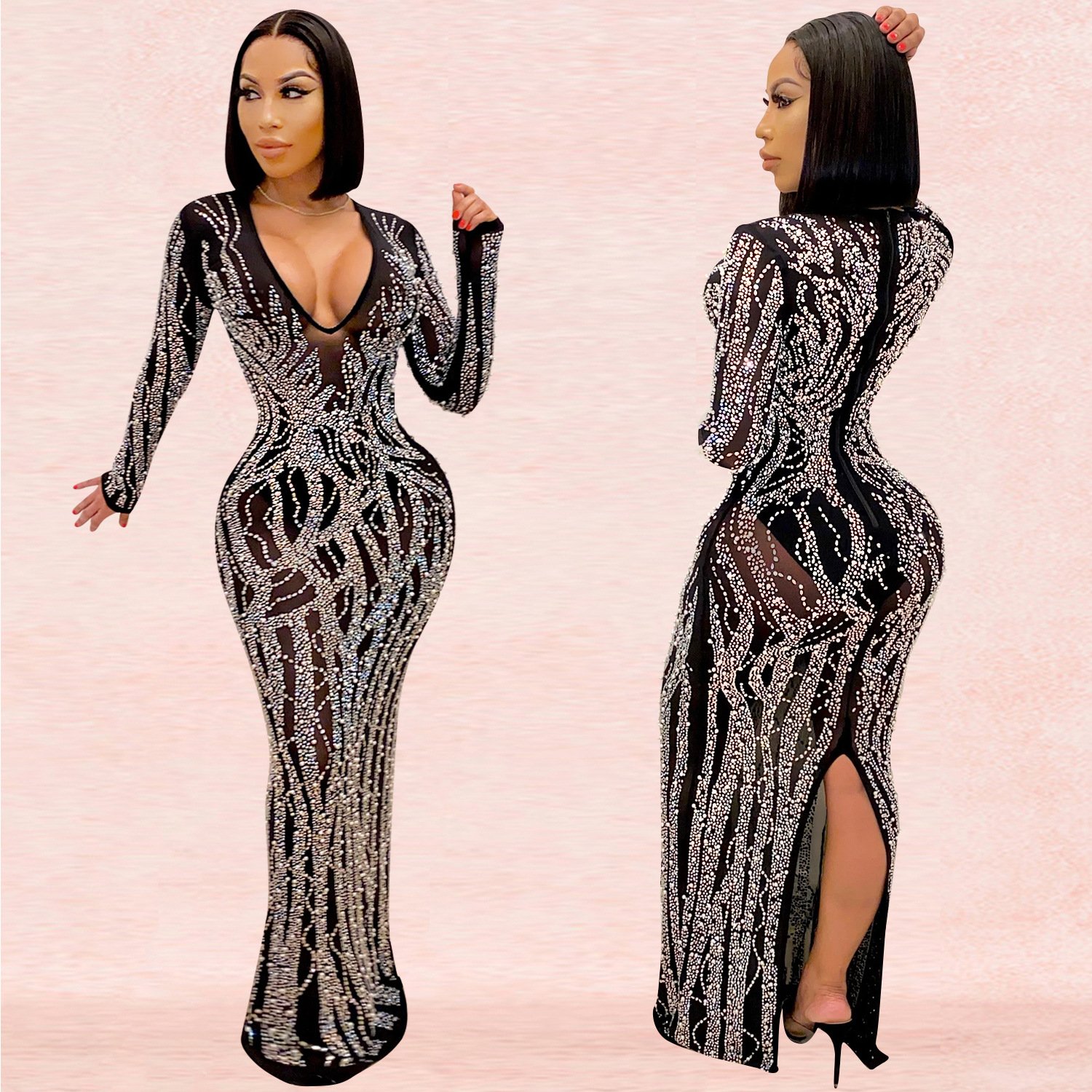 2022 New Design Sexy Hot Diamond Evening Dresses Fashion Sexy V-neck Casual Dress Mesh Shiny Women's Dress Long Skirt