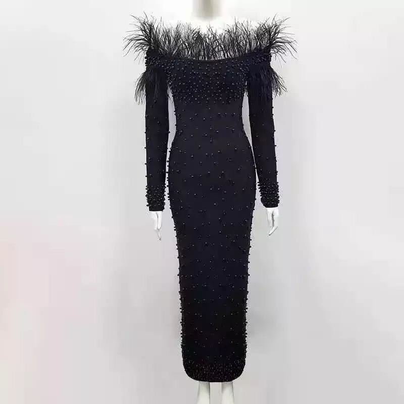 Liu Ming Autumn Winter Women Sexy Long Sleeve Elegant Beaded Feathers Bodycon Maxi Dress