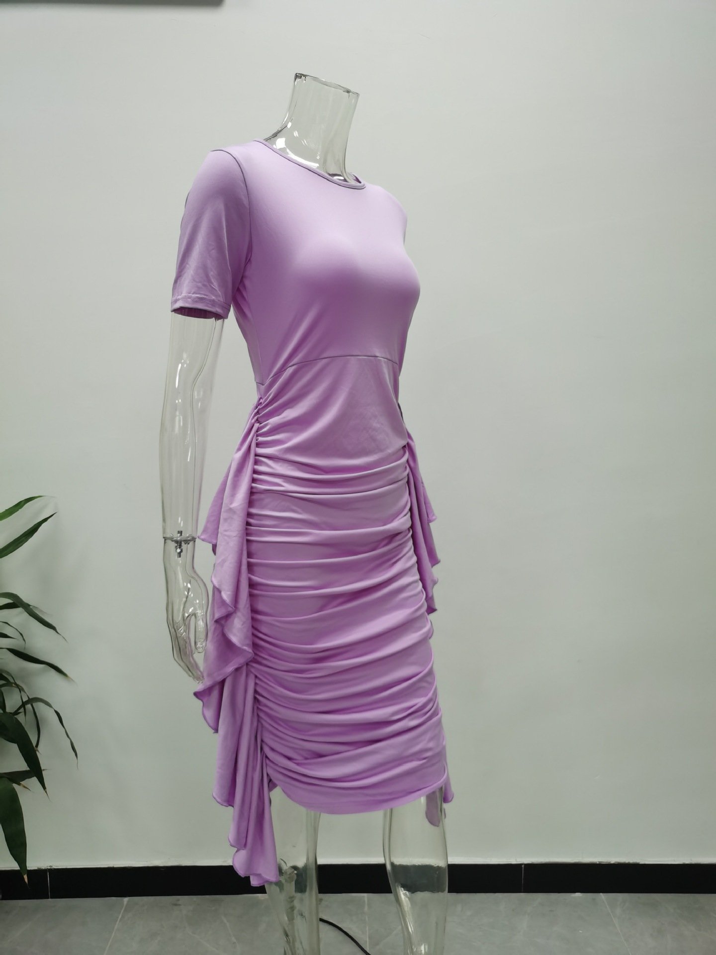 Wholesale S-5XL 2024 summer plus size elegant plain ruffle bodycon ruched casual dresses women