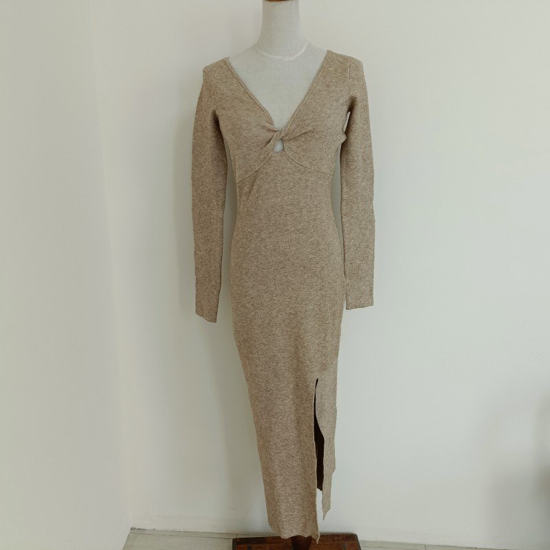 Spring Fall Elegant Knitting Casual Dresses Knitted Long Sleeve Sexy Long Women Twisted Dress.