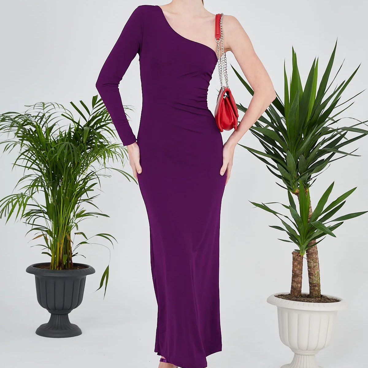 Purple color single sleeve maxi length sandy fabric dress backless casual dresses