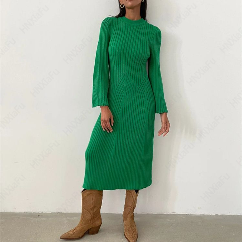 2024 Fashion New Knitwear Manufacturers Custom Spring Fall Green Elegant Casual Wool Blend Dresses Women European Sweater Knit D