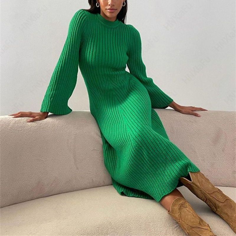 2024 Fashion New Knitwear Manufacturers Custom Spring Fall Green Elegant Casual Wool Blend Dresses Women European Sweater Knit D