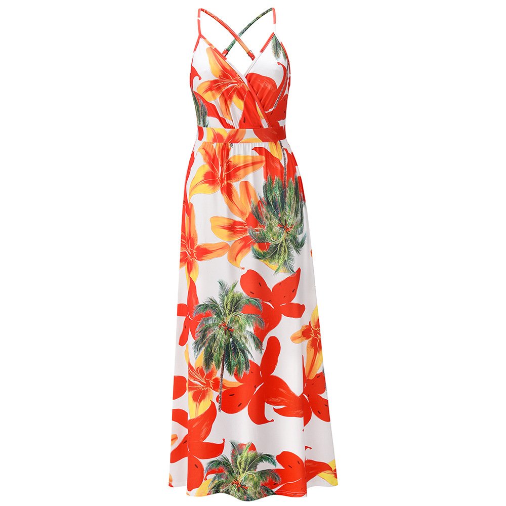 2022 Summer Casual Dresses Long Open Back Beach Boho Dresses Women Straps Square Neck Floral Long Dresses with Logo Print
