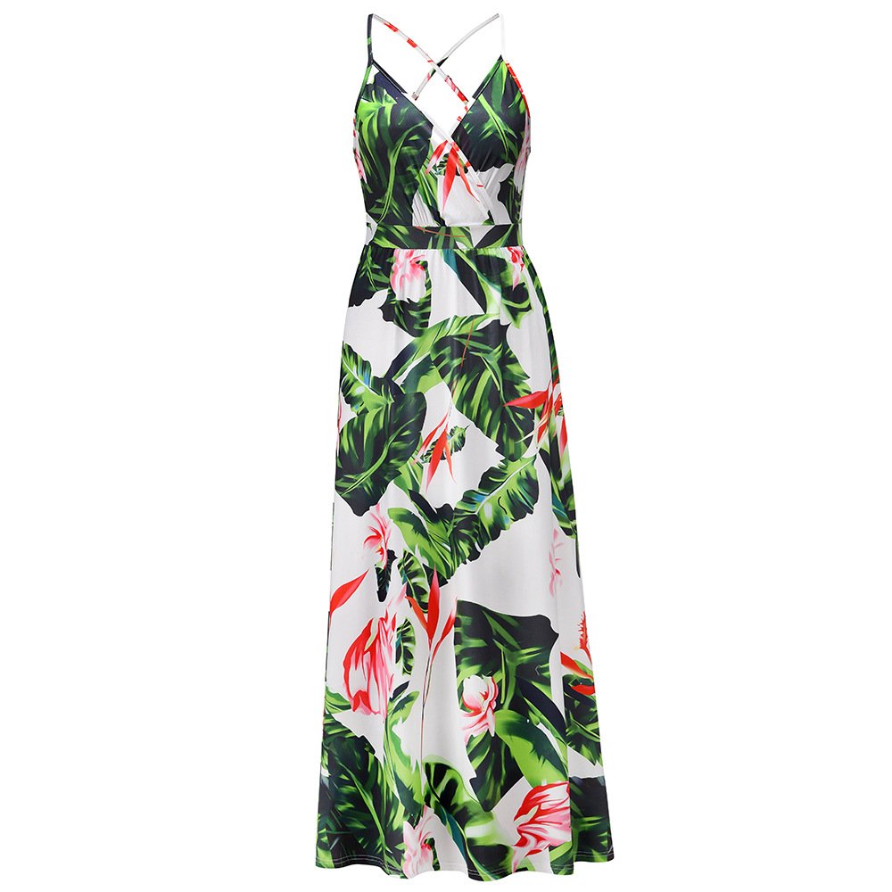 2022 Summer Casual Dresses Long Open Back Beach Boho Dresses Women Straps Square Neck Floral Long Dresses with Logo Print