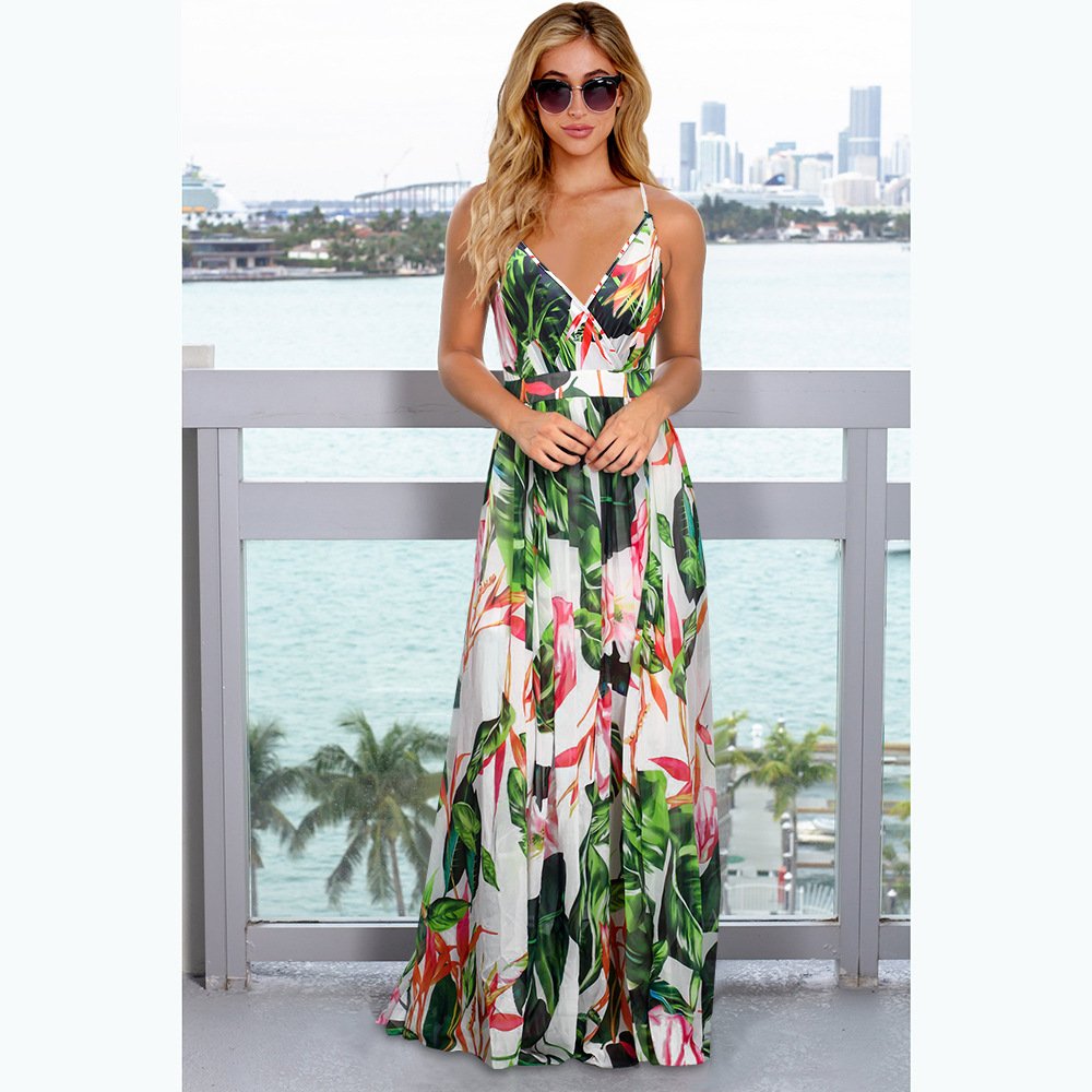 2022 Summer Casual Dresses Long Open Back Beach Boho Dresses Women Straps Square Neck Floral Long Dresses with Logo Print
