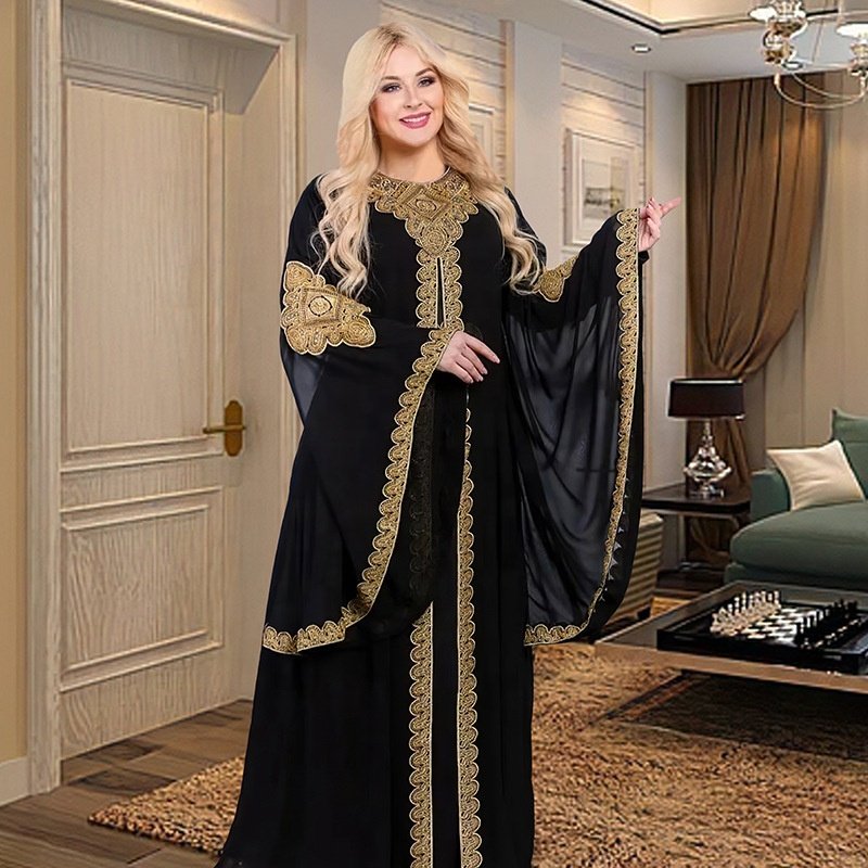 Plus Size Two Piece African Dress 2023 Traditional Gold Embroidery Clothing Dubai Abaya Islam Kaftan Abaya Loose Muslim Robe