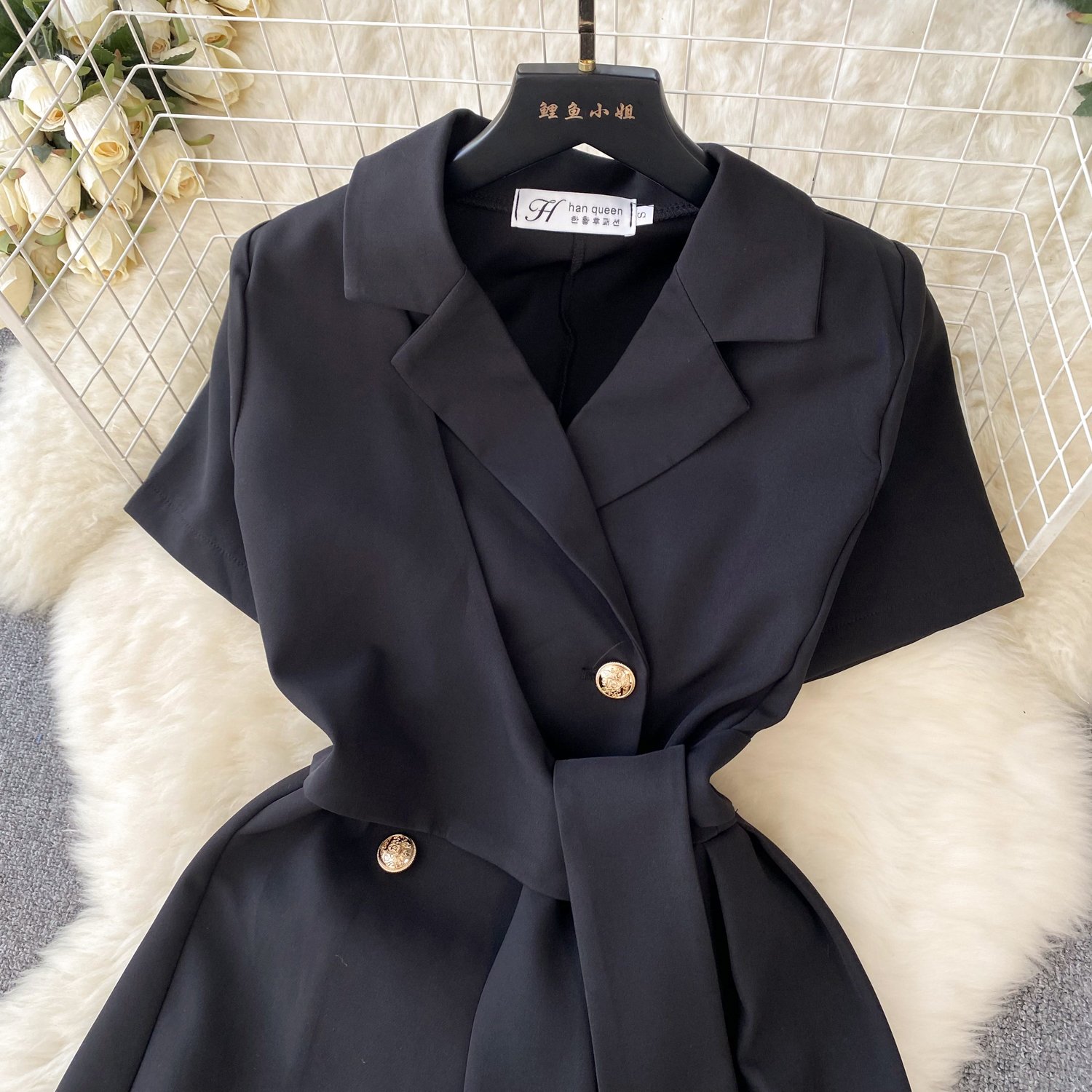 Retro Suit Lapel Short-Sleeved Dress Women's Summer Tie Waist Slimming Temperament Casual Dress