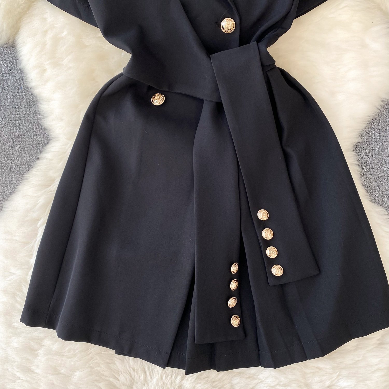 Retro Suit Lapel Short-Sleeved Dress Women's Summer Tie Waist Slimming Temperament Casual Dress