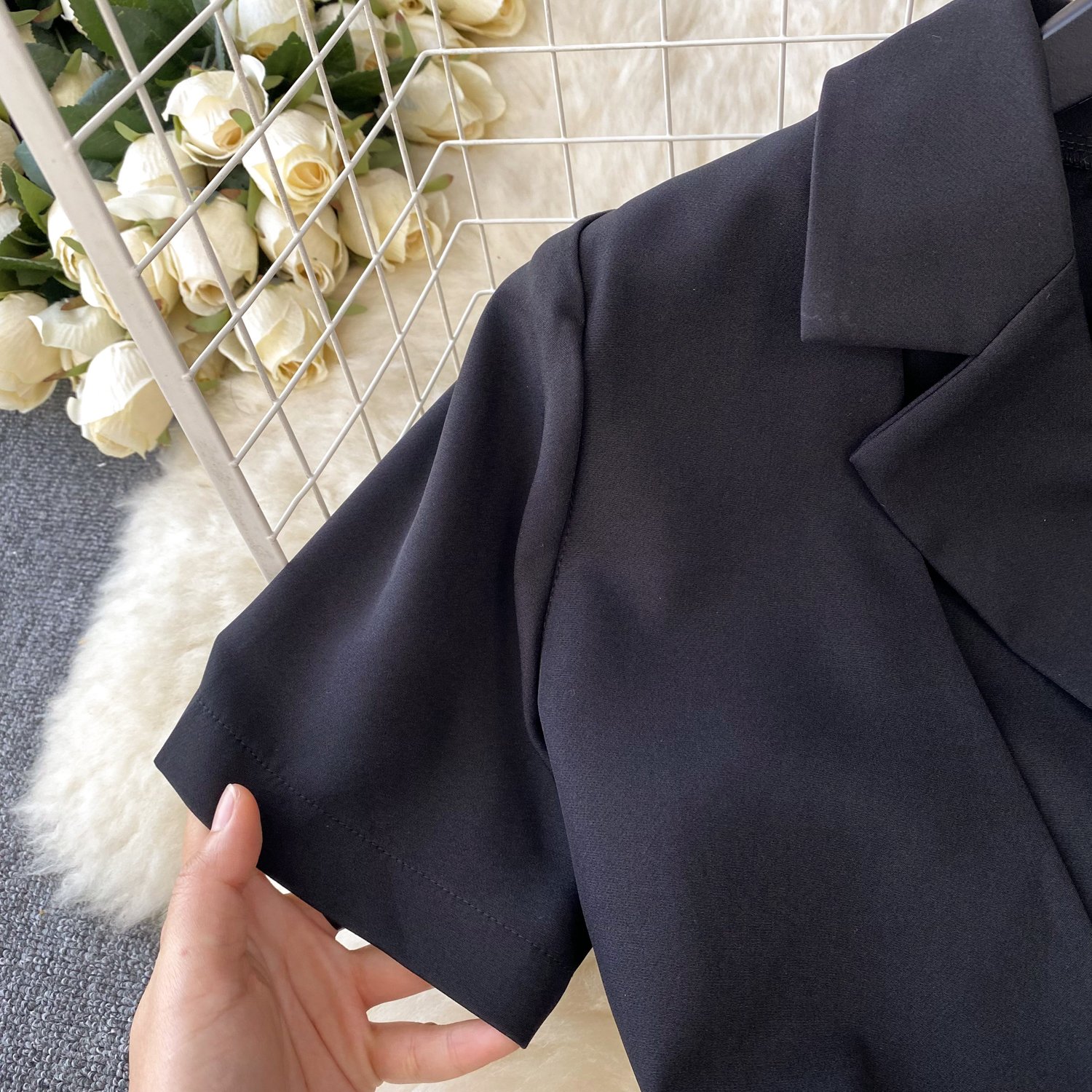 Retro Suit Lapel Short-Sleeved Dress Women's Summer Tie Waist Slimming Temperament Casual Dress