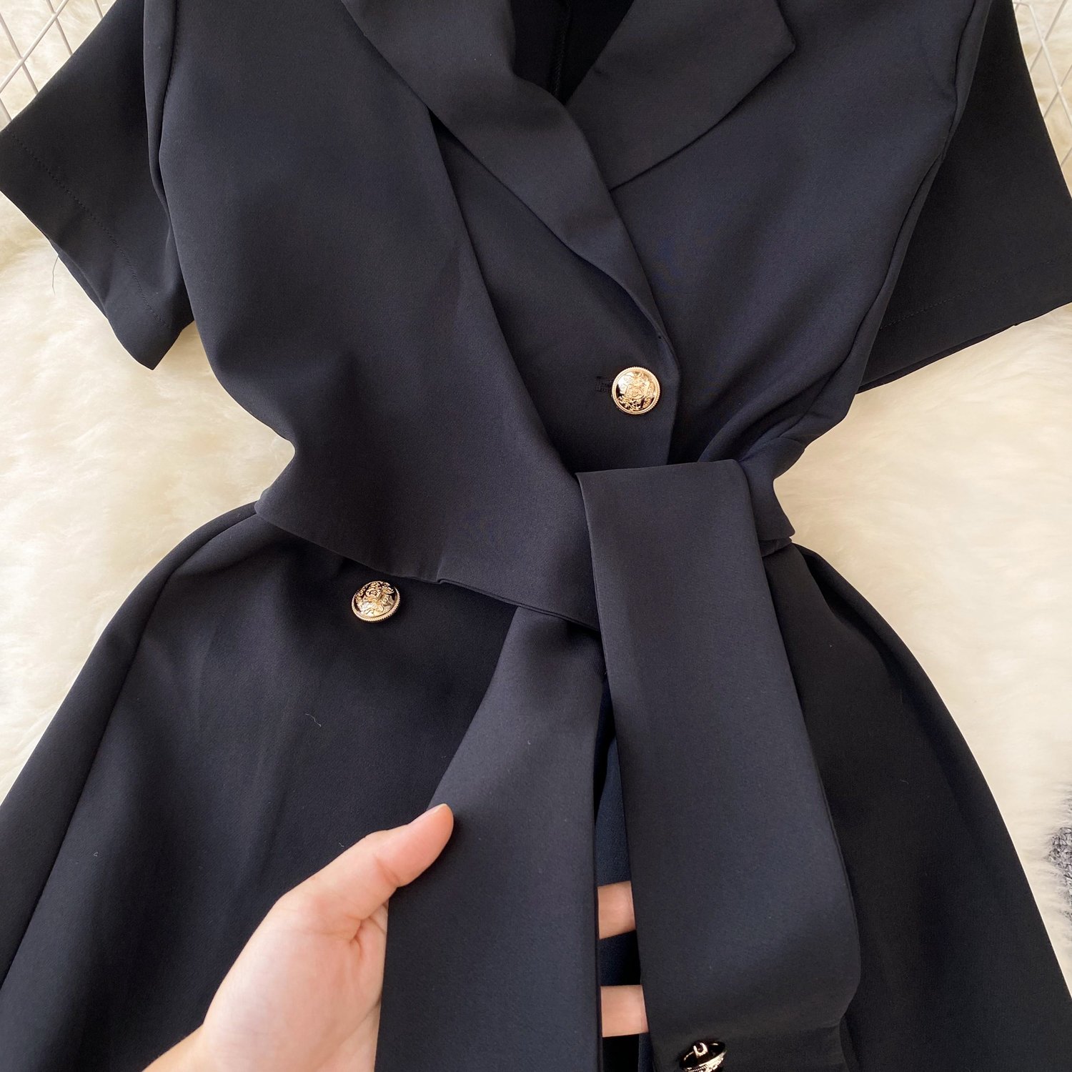 Retro Suit Lapel Short-Sleeved Dress Women's Summer Tie Waist Slimming Temperament Casual Dress