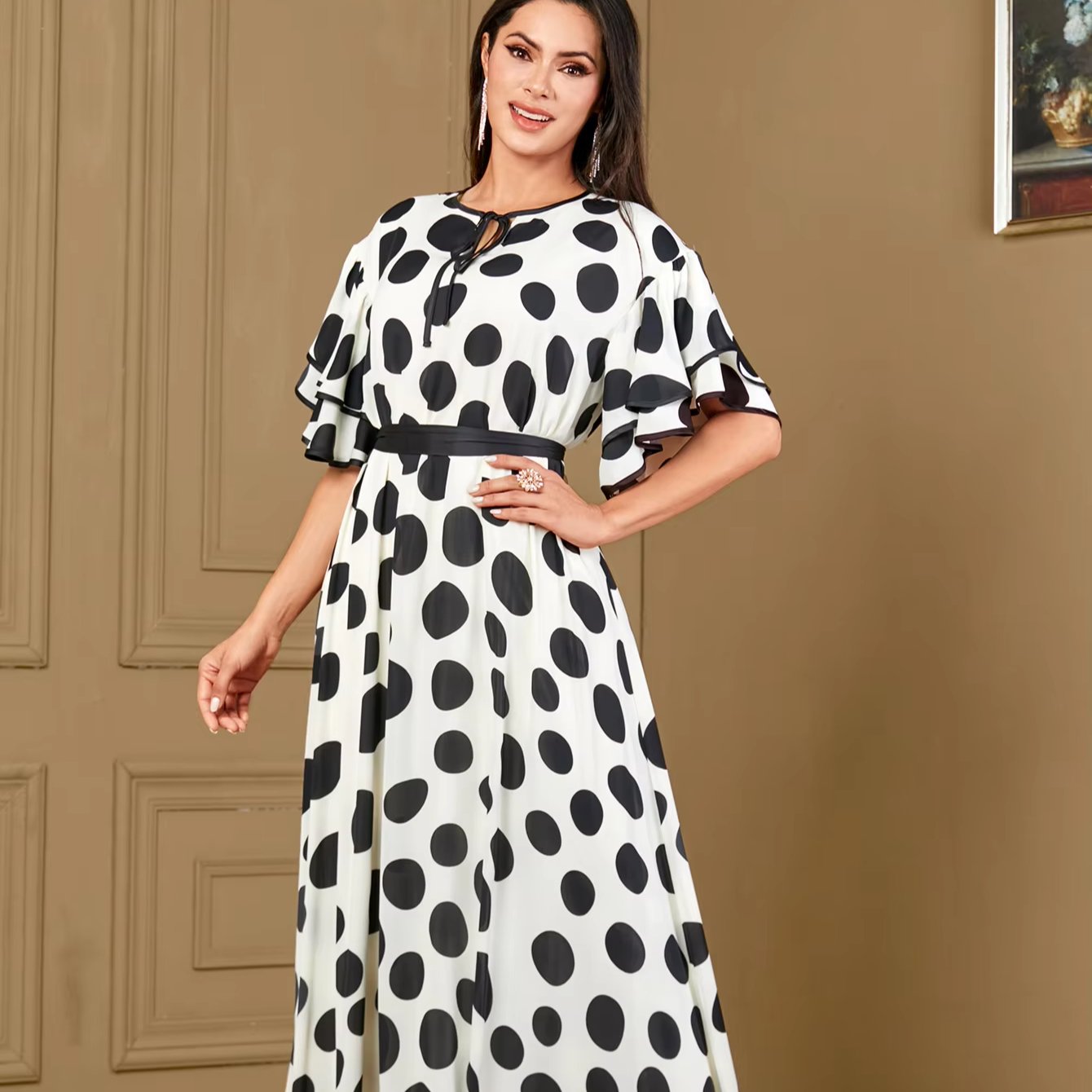 2024 Latest Wholesale Factory Custom Casual Dress Polka Dot Printed Muslim Dress Spring Elegant Chiffon Loose Abaya Dress