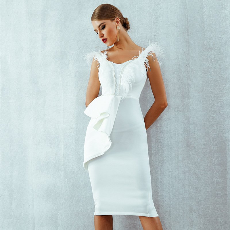 Party Bandage Dress Ladies Hem Fringe dress Tight-fitting Off-the-shoulder Elegant Fashion High-end Rayon Sexy Casual Dresses