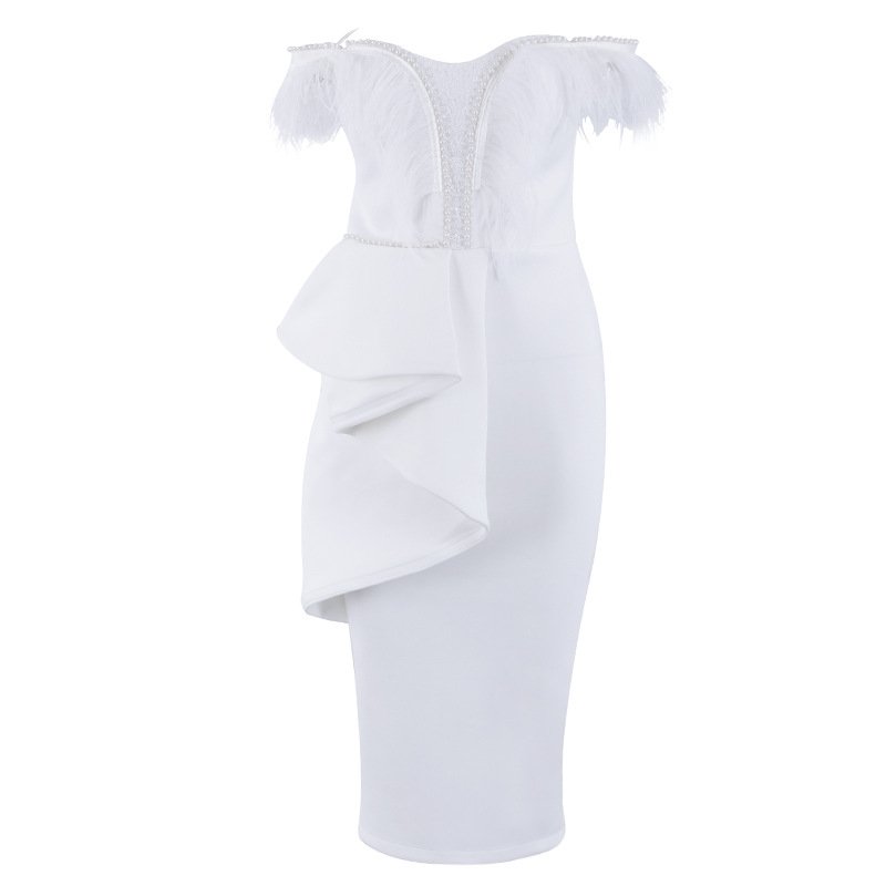 Party Bandage Dress Ladies Hem Fringe dress Tight-fitting Off-the-shoulder Elegant Fashion High-end Rayon Sexy Casual Dresses