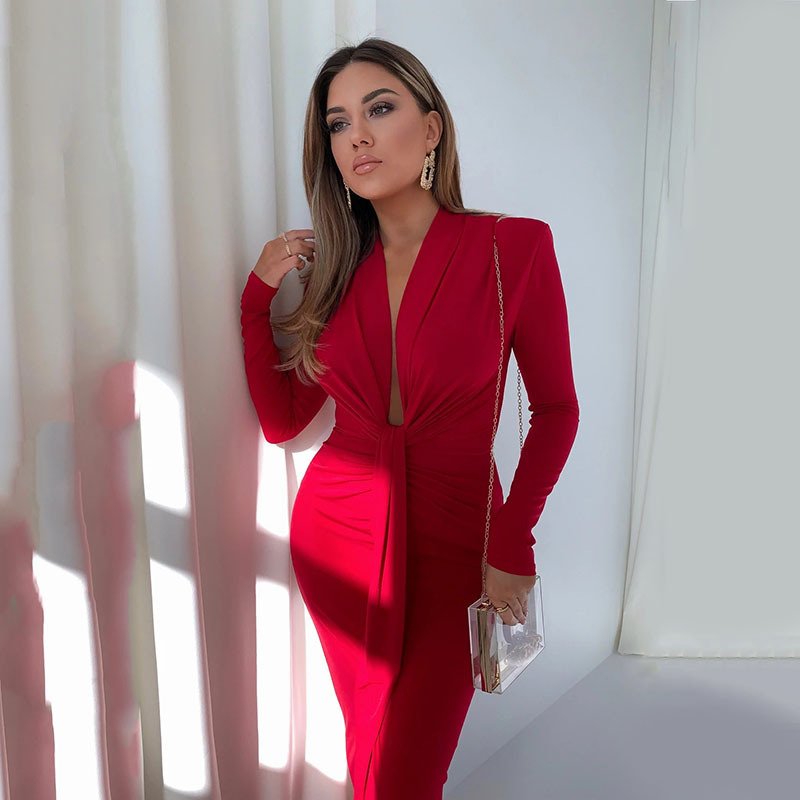 Liu Ming Fashionable Fall Winter Women Sexy V Neck Long Sleeve Lace Up Bodycon Midi Dress
