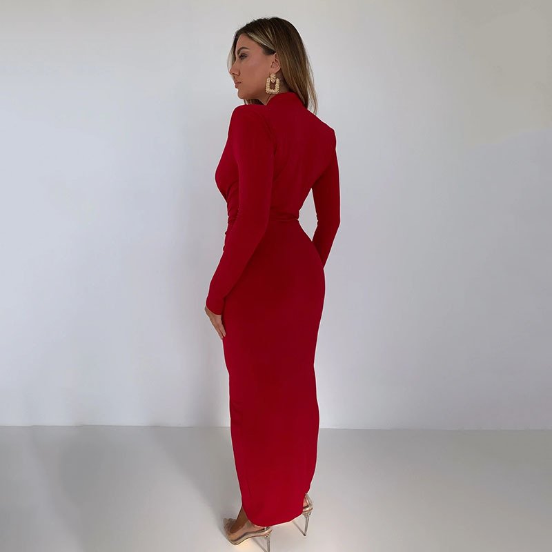 Liu Ming Fashionable Fall Winter Women Sexy V Neck Long Sleeve Lace Up Bodycon Midi Dress