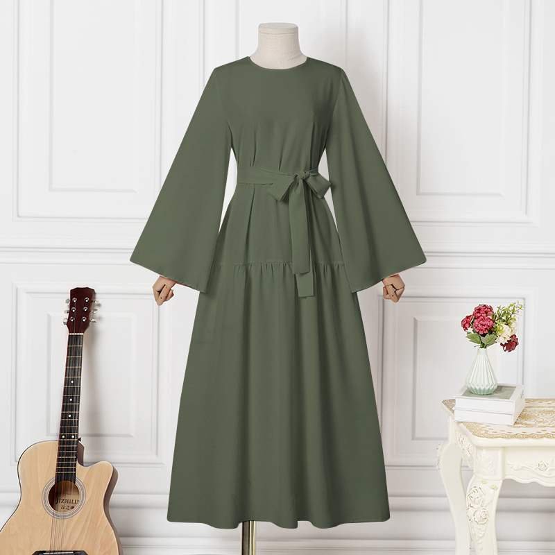 Dubai Turkey Women Modest Abaya Dress Solid Islamic Clothing Long Sleeve With Belt Abaya Maxi Dress Crew Neck Muslim Dress