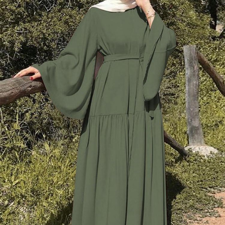 Dubai Turkey Women Modest Abaya Dress Solid Islamic Clothing Long Sleeve With Belt Abaya Maxi Dress Crew Neck Muslim Dress