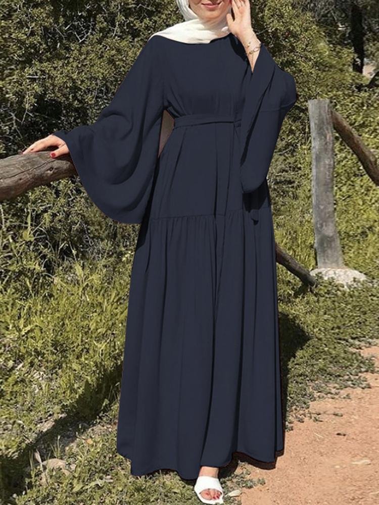 Dubai Turkey Women Modest Abaya Dress Solid Islamic Clothing Long Sleeve With Belt Abaya Maxi Dress Crew Neck Muslim Dress