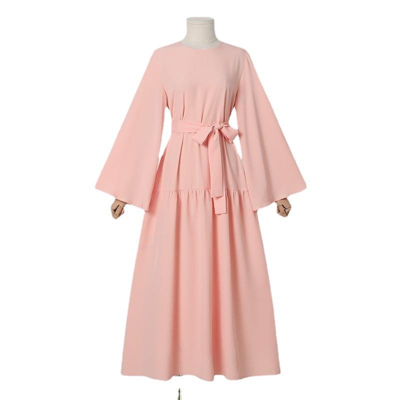 Dubai Turkey Women Modest Abaya Dress Solid Islamic Clothing Long Sleeve With Belt Abaya Maxi Dress Crew Neck Muslim Dress