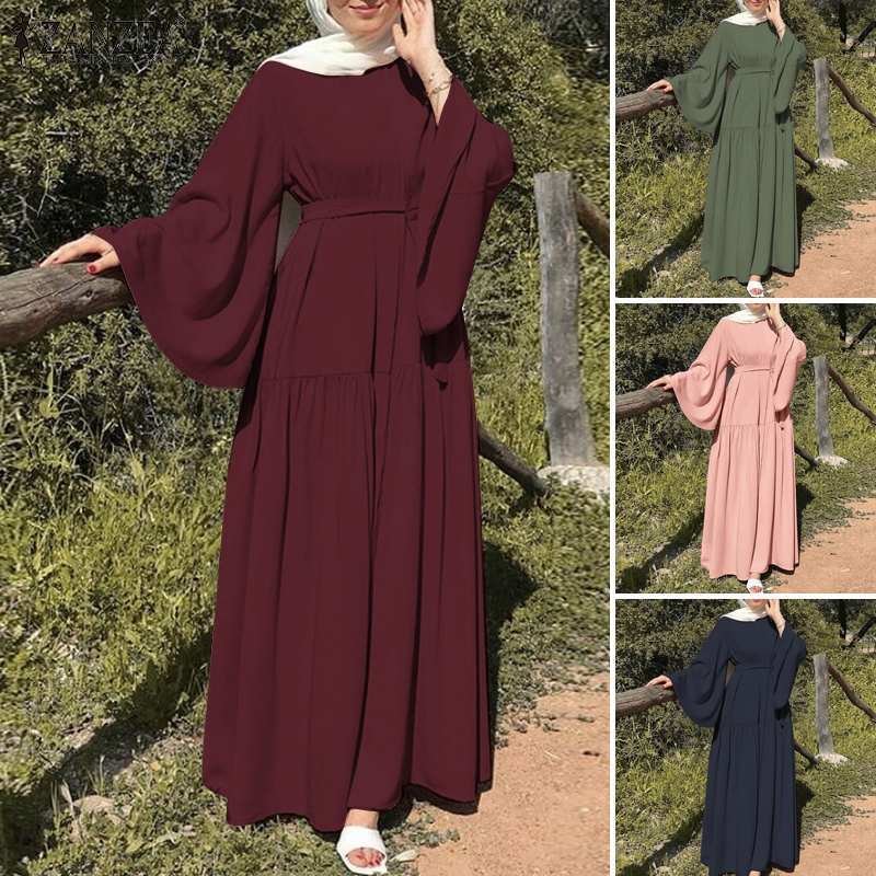 Dubai Turkey Women Modest Abaya Dress Solid Islamic Clothing Long Sleeve With Belt Abaya Maxi Dress Crew Neck Muslim Dress