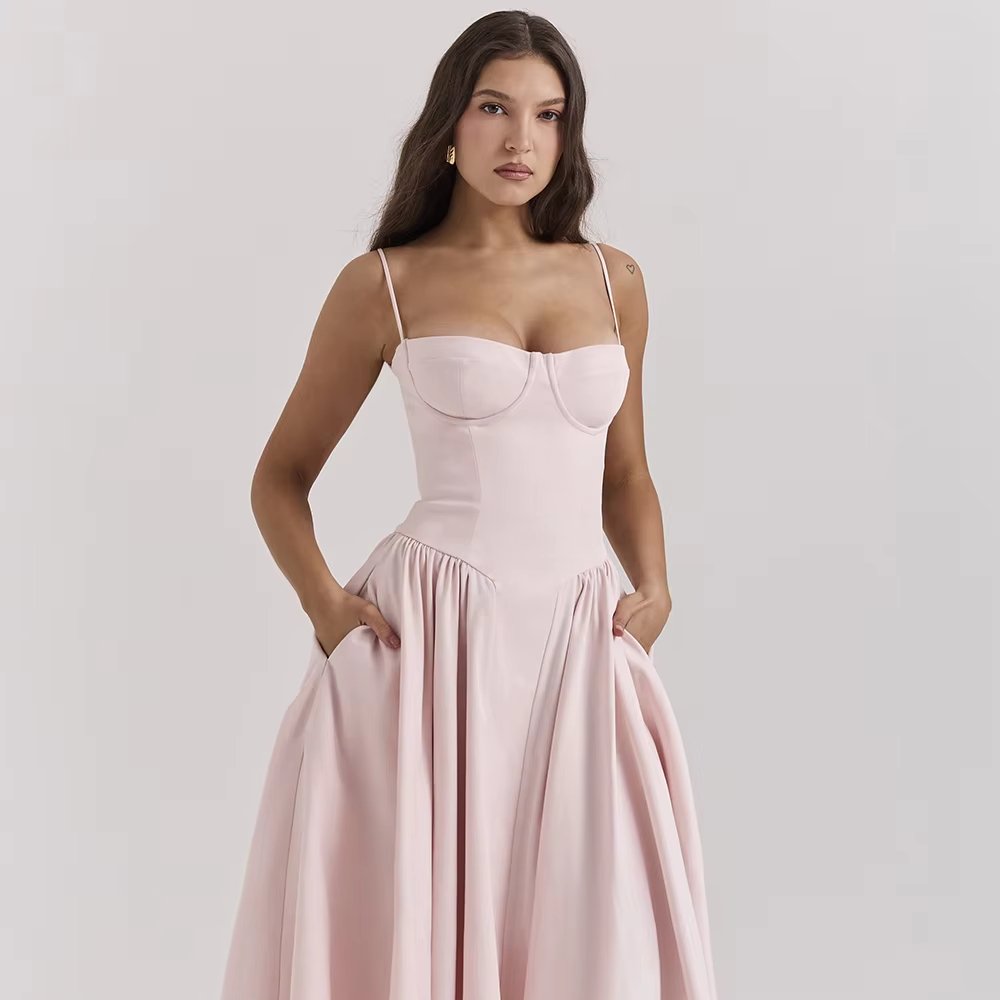 French Elegant Pleated Loose Custom Dress Manufacturer Bettergirl 2024 Linen Pink Tube Sexy Midi A-line Casual Dresses