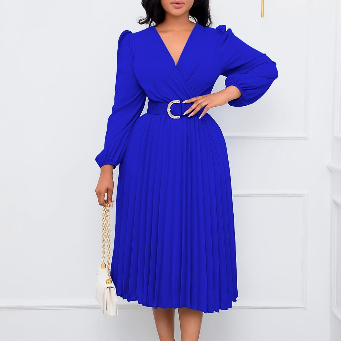 New Trendy Autumn Winter Dresses Women Long Sleeve V-Neck Mid Length Ladies Plus Size Casual Dresses Women Pleated Dress