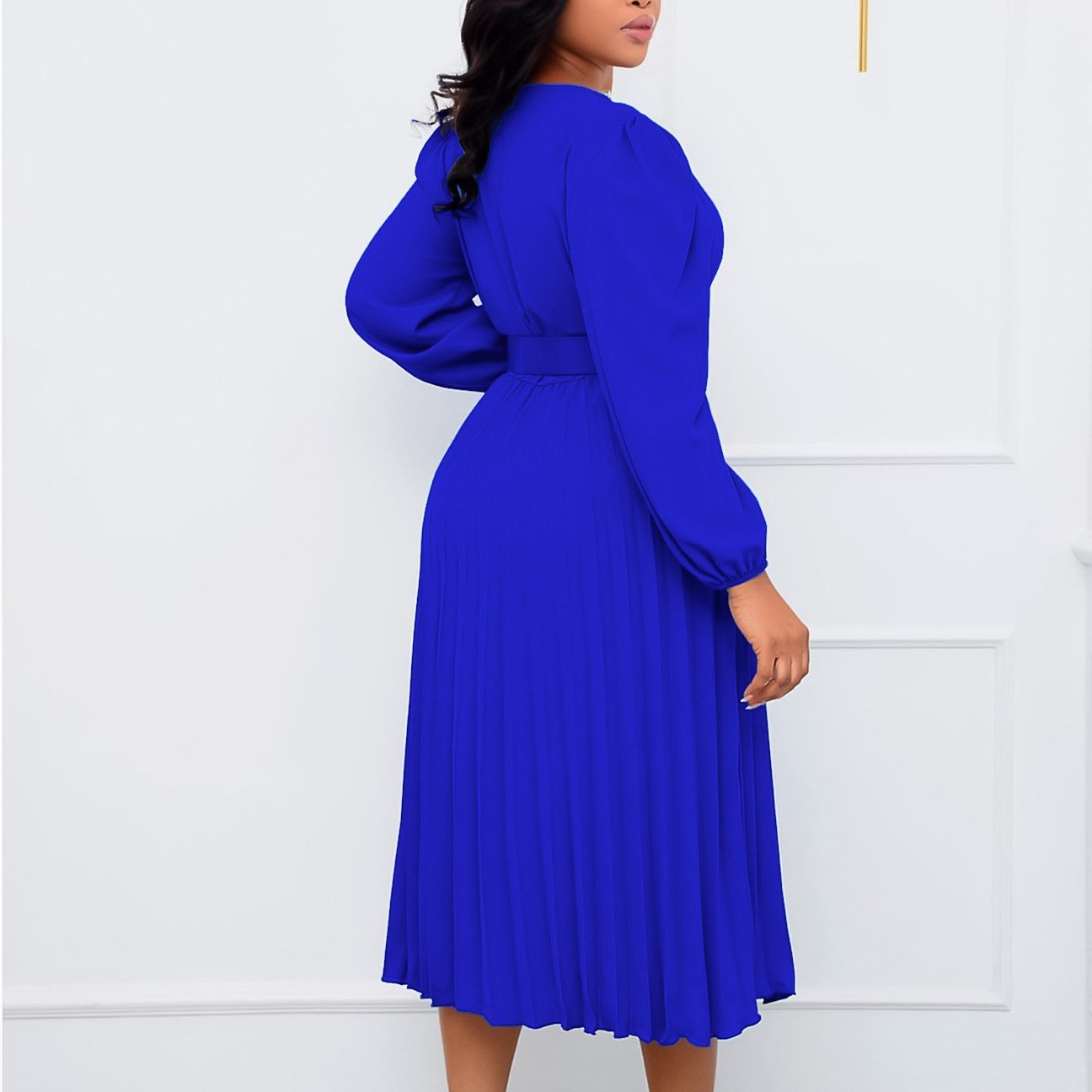 New Trendy Autumn Winter Dresses Women Long Sleeve V-Neck Mid Length Ladies Plus Size Casual Dresses Women Pleated Dress