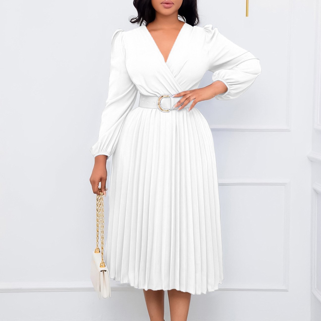 New Trendy Autumn Winter Dresses Women Long Sleeve V-Neck Mid Length Ladies Plus Size Casual Dresses Women Pleated Dress