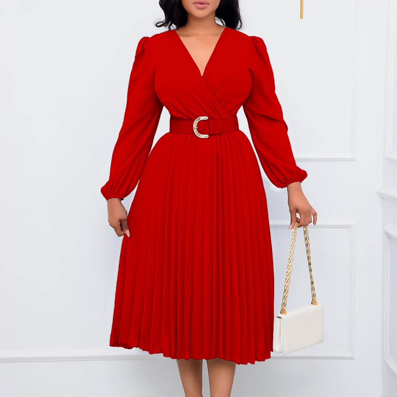 New Trendy Autumn Winter Dresses Women Long Sleeve V-Neck Mid Length Ladies Plus Size Casual Dresses Women Pleated Dress