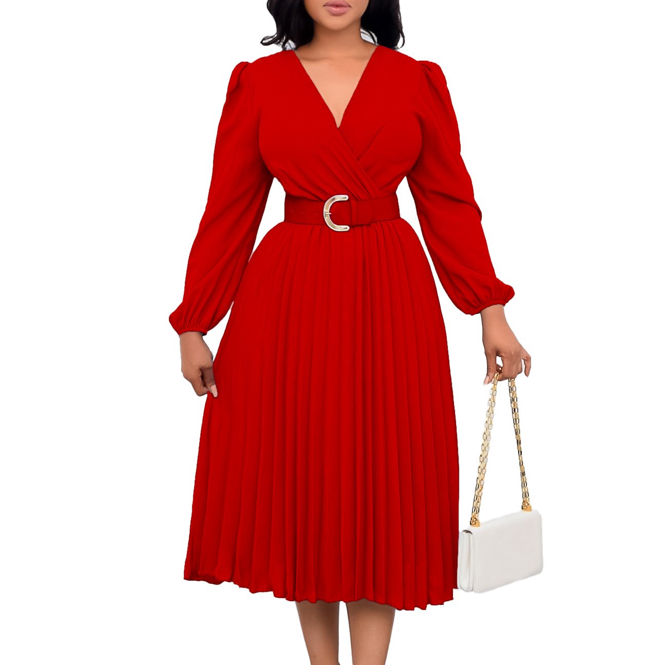 New Trendy Autumn Winter Dresses Women Long Sleeve V-Neck Mid Length Ladies Plus Size Casual Dresses Women Pleated Dress