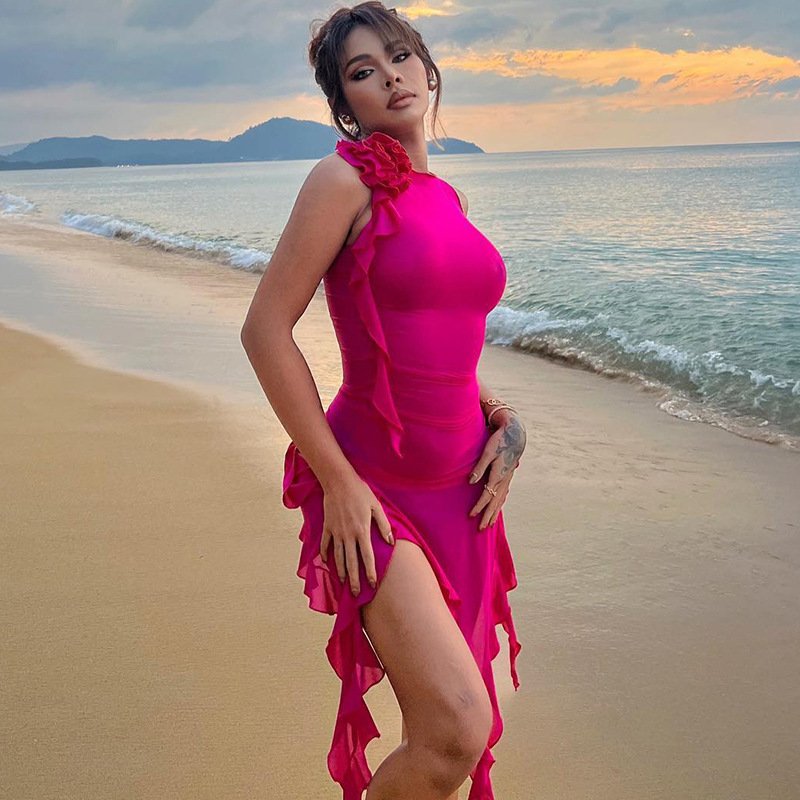 Solid Color Round Neck Sleeveless Slit With Irregular Flanges Women Custom Sexy Dress For Girl