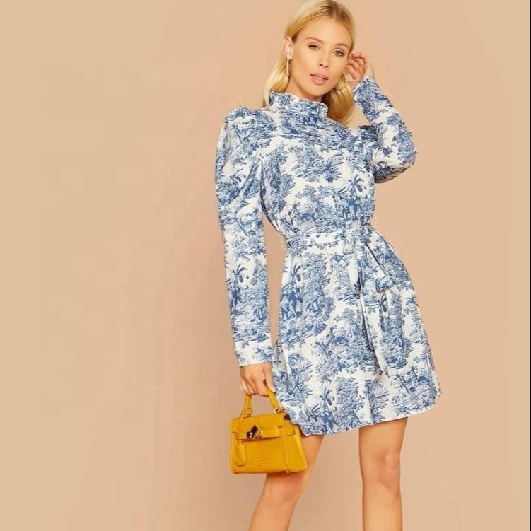 Gigot Sleeve Floral Print Belted Dress Casual Satin Long Arm Mini Boy Natural Waistline Knees Length Washable for Spring Summer