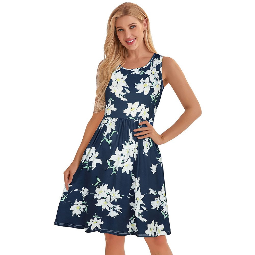 Fashion Women Floral Print Plus Size Summer Casual T Shirt Dress Beach Work Outdoor Sleeveless Plain Pleated Tank Cute Daily