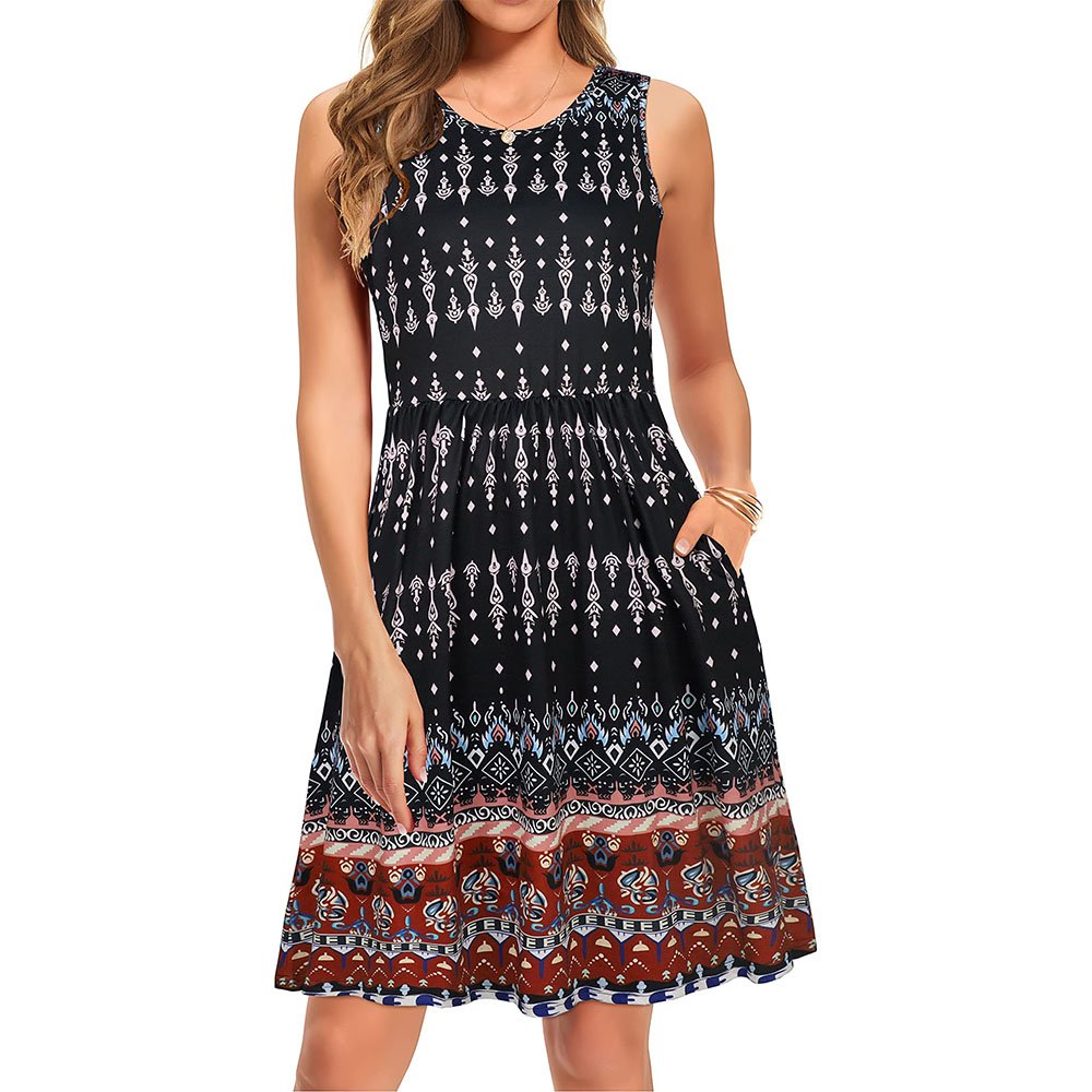 Fashion Women Floral Print Plus Size Summer Casual T Shirt Dress Beach Work Outdoor Sleeveless Plain Pleated Tank Cute Daily