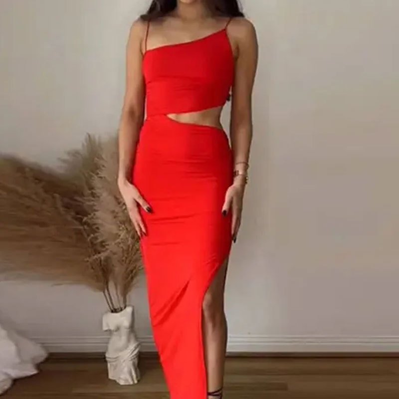 S-XXXL New Fashion Style Front Hollow Out Design Thin Shoulder Strap Straight Neck Midi Strap Y2K Dress