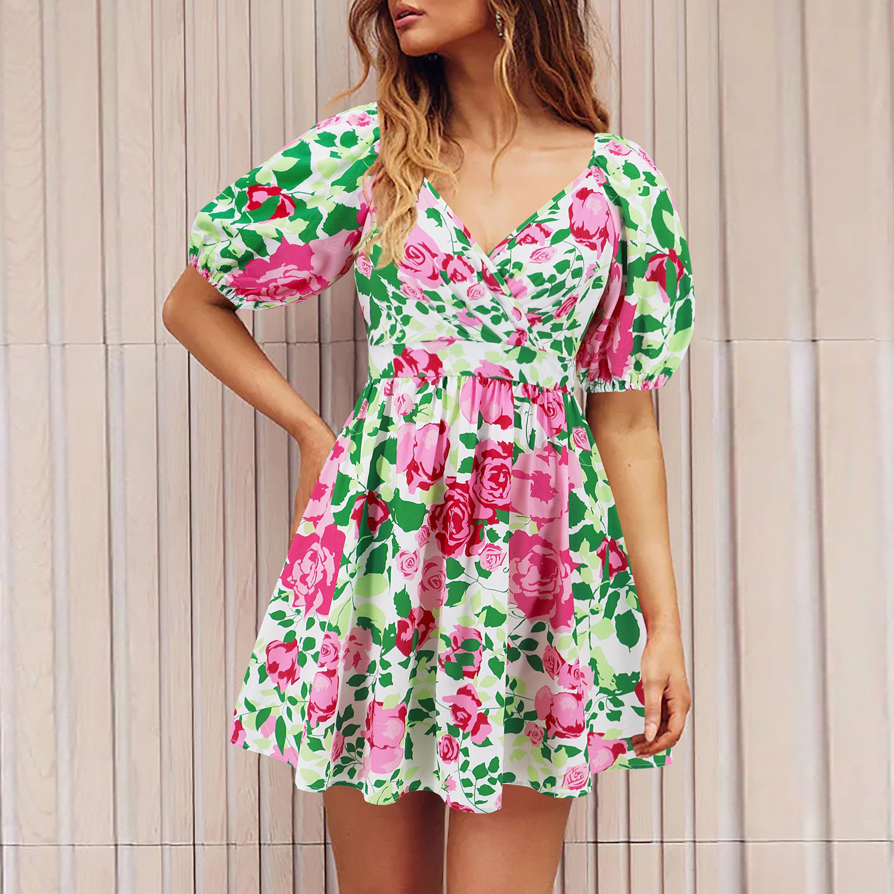 2024 Summer Floral Dress for Women V Neck Short Dresses Elegant Puff Sleeve Elastic Waist Casual Dresses